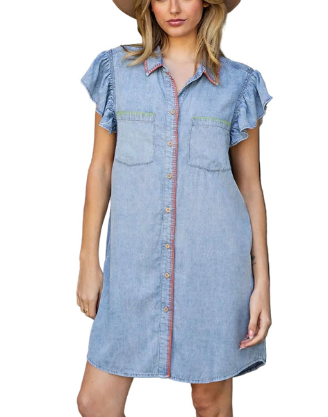 Annie flutter sleeve denim dress – shoppinkdoorboutique