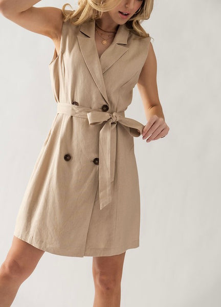 sleeveless linen trench coat dress - khaki – shoppinkdoorboutique