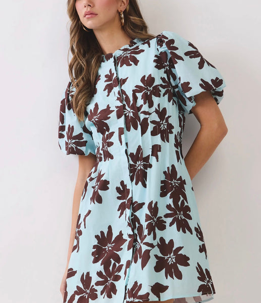 Floral puff sleeve dress / blue & chocolate