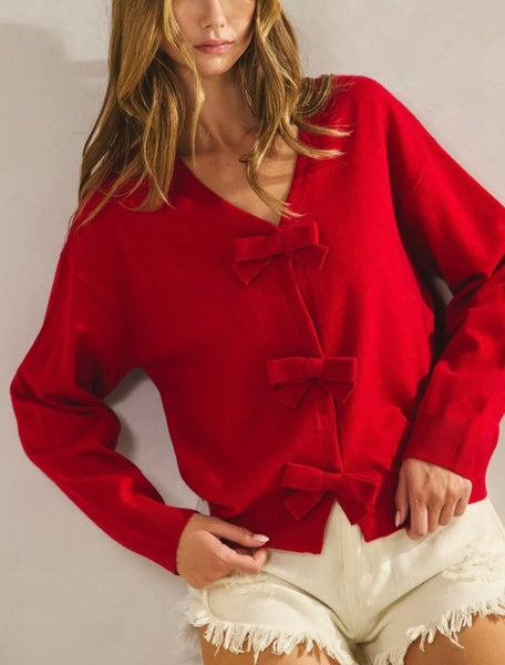 ribbon front tie sweater / red