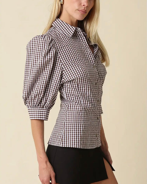 Annie Gingham Puff Sleeve Top / Brown