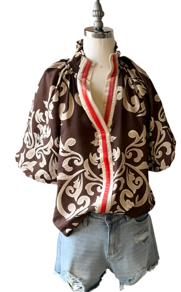 THML puff sleeve top / brown