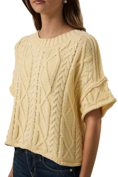 cable knit short sleeve sweater / butter yellow