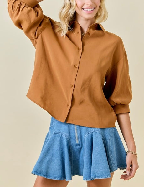 puff sleeve button up top / chestnut