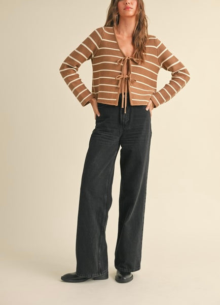 striped tie front cardigan / mocha