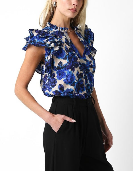 OLIVACEOUS Bianca ruffle sleeve top / blue