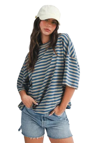 oversized stripe boyfriend tee / lt taupe & blue