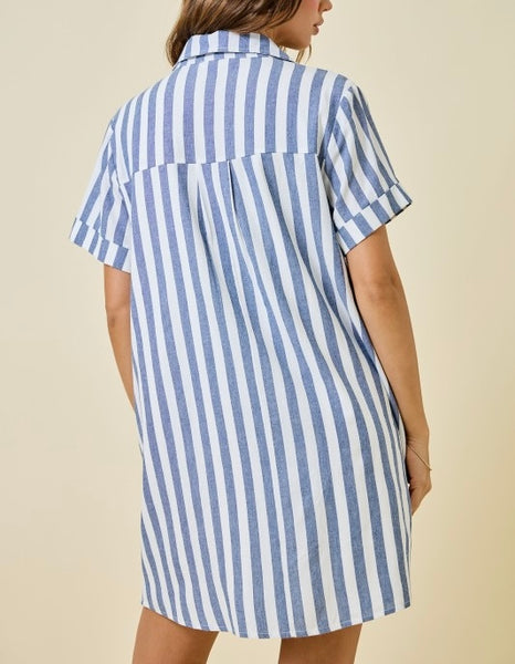 stripe button up dress / navy