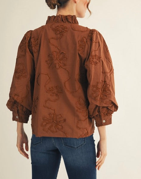floral appliqué button up top / brown