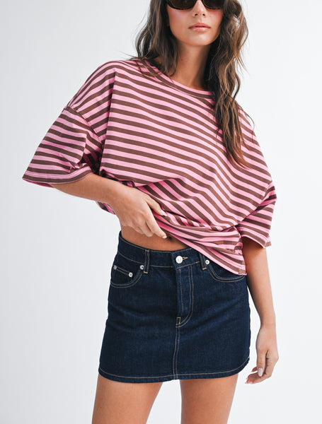oversized stripe boyfriend tee / chocolate & pink