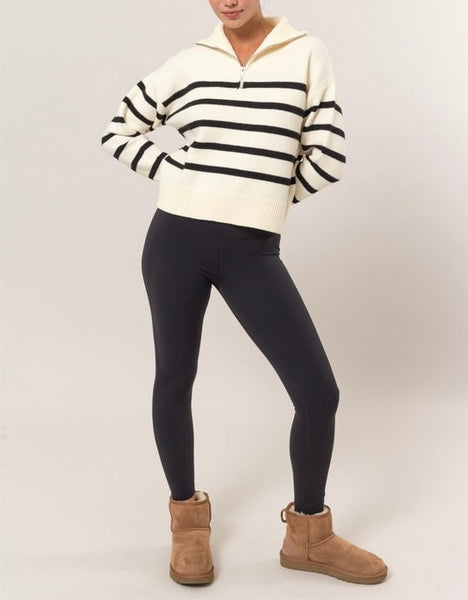 collared 1/4 zip stripe sweater // ivory & black