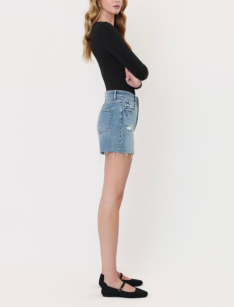 Audrey high rise A-line denim short / medium wash