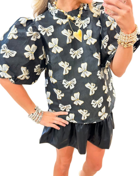 THML puff sleeve  bow embroidered jaquard top / black