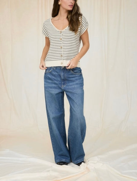 Ruth striped short sleeve cardigan / cream & navy