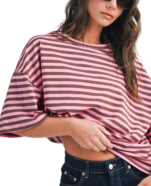 oversized stripe boyfriend tee / chocolate & pink