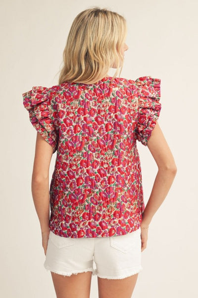 jacquard ruffle sleeve top / berry mix