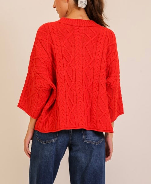 Kinslee 3/4 sleeve cable sweater / red
