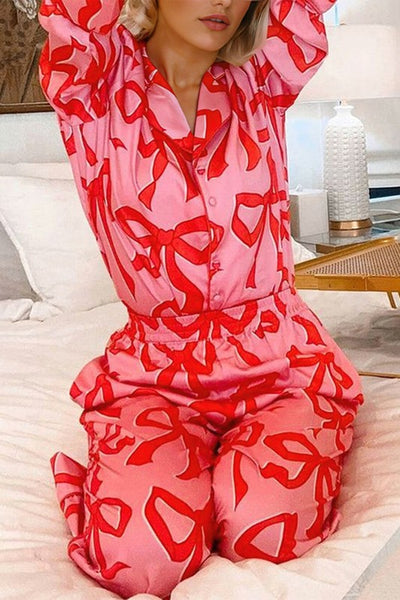 satin long pajamas / pink bows