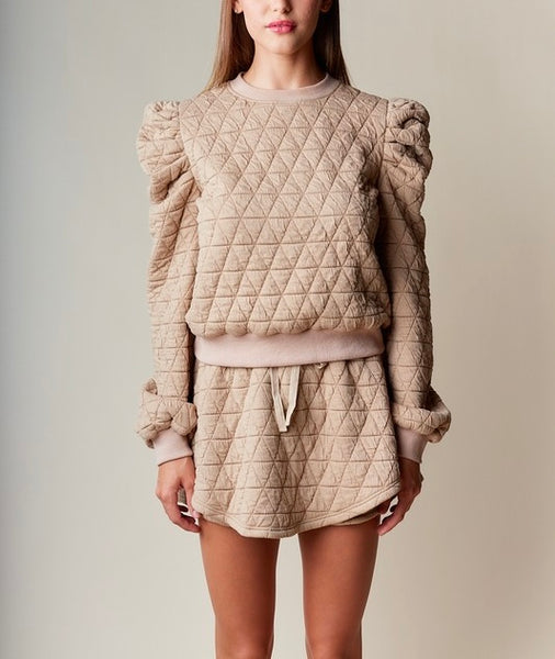 quilted puff sleeve skirt set / camel