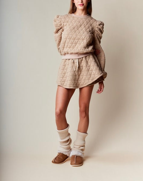 quilted puff sleeve skirt set / camel