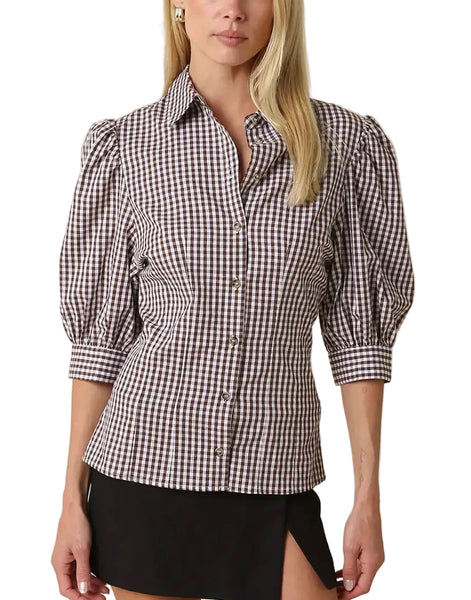 Annie Gingham Puff Sleeve Top / Brown