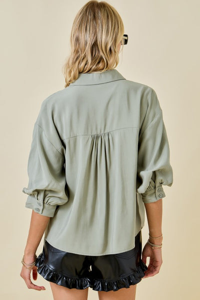 puff sleeve button up top / Lt. olive