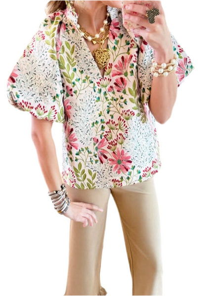 THML puff sleeve floral top / cream