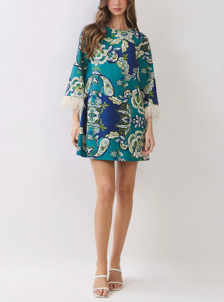 Feather Trim Floral dress / Teal multi