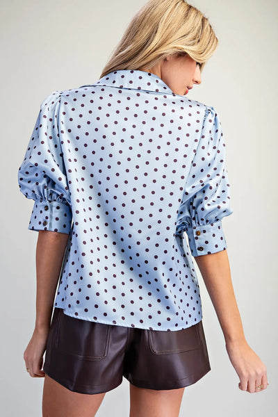 Satin Dot Top / Baby Blue & Brown