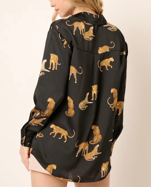 cheetah print satin button up shirt // black
