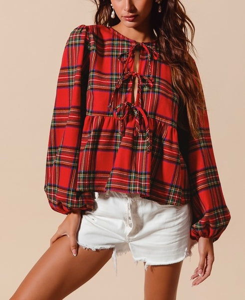 Christmas plaid front tie flannel top / red