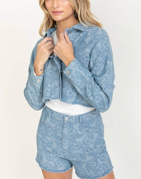 paisley floral cropped jean jacket // denim blue