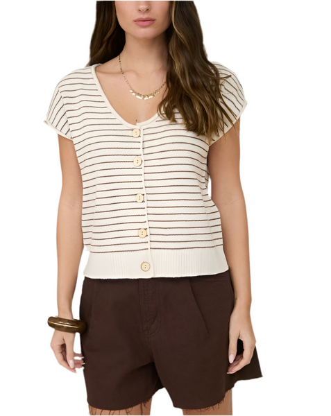 Ruth striped short sleeve cardigan / cream and taupe