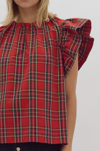 Christmas plaid ruffle sleeve top