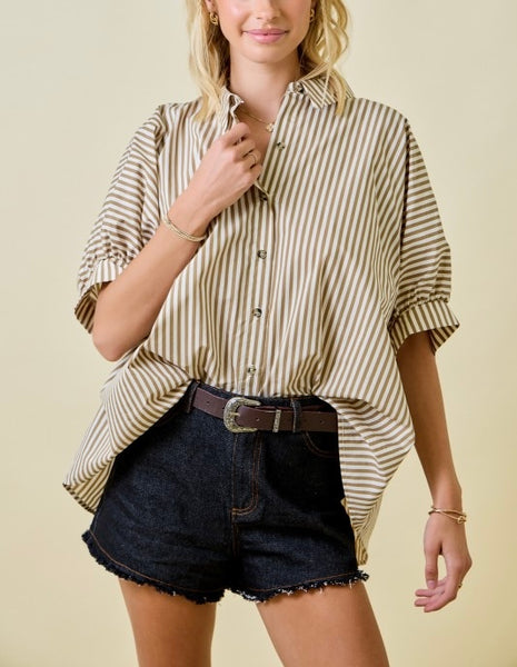 striped oversized button up top / brown