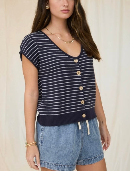 Ruth striped short sleeve cardigan / navy & cream