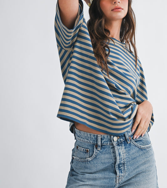 oversized stripe boyfriend tee / lt taupe & blue