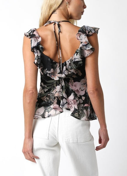 OLIVACEOUS floral ruffle top // black