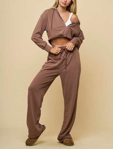 washed terry crop hoodie & pant set // espresso