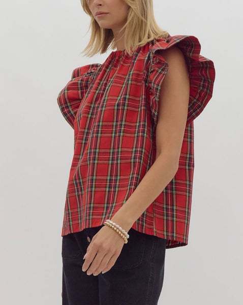 Christmas plaid ruffle sleeve top