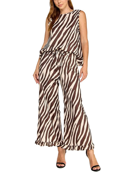 Zebra Satin Pant Set / Brown & Cream