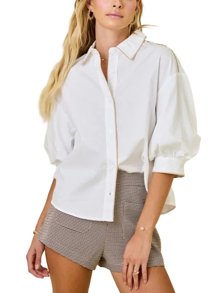 puff sleeve top with contrast stitching / white and tan