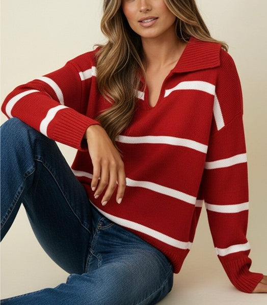 stripe collared oversized sweater / red