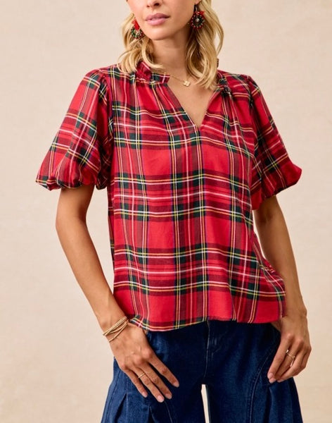 Christmas plaid puff sleeve top