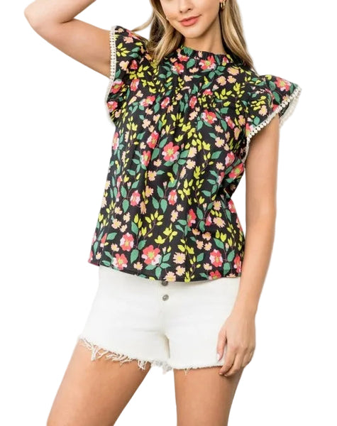 THML floral ruffle sleeve top / black