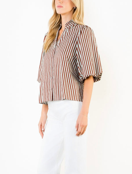 THML stripe button down top / brown & robins egg blue