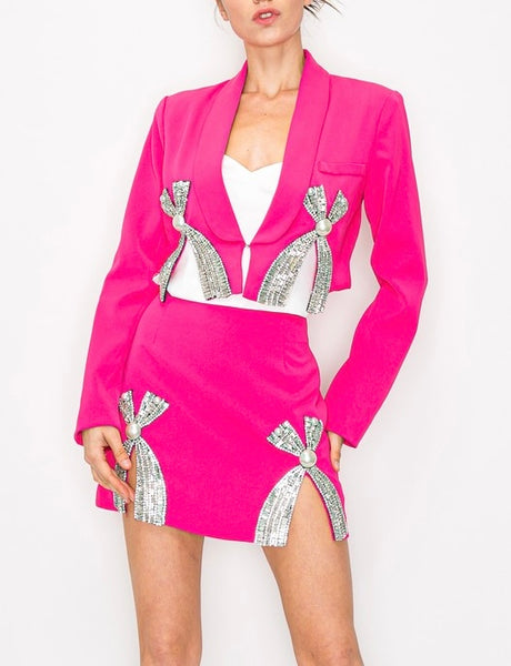 sequin bow blazer set // hot pink