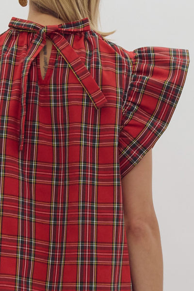 Christmas plaid ruffle sleeve top