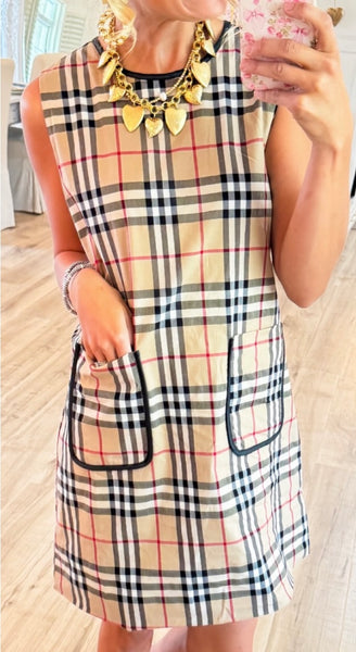plaid sleeveless dress / tan