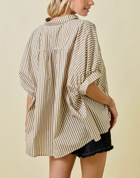 striped oversized button up top / brown